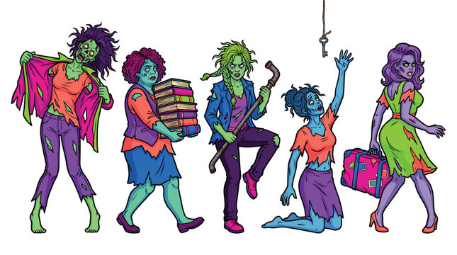 Five cartoon zombie women in colorful torn clothes are performing various actions like carrying books, wielding a pipe, and reaching for a key.