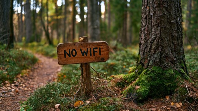 Weathered wooden sign reading "NO WIFI" beside forest trail; symbolizes digital detox and reconnecting with nature.