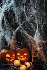 Halloween pumpkin and candles against a dark backdrop with cobwebs © britaseifert
