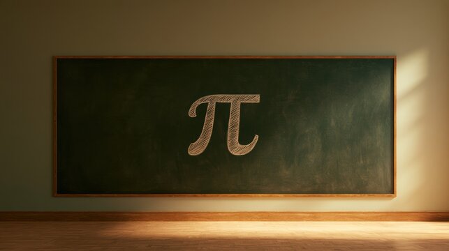 Chalkboard displays the number pi written in chalk, illustrating a math concept in a classroom setting with warm lighting.