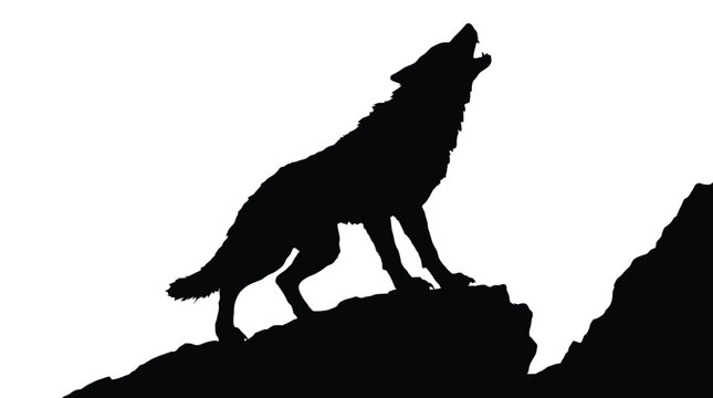 Majestic black wolf silhouette howling loudly while standing on top of a jagged mountain peak against a bright white background