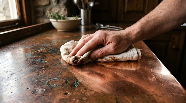 Hand Polishing a Copper Kitchen Counter Surface for a Refined Clean Appearance
