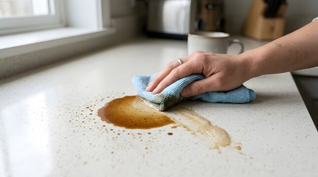 Final Cleaning of Coffee Stains and Beverage Residue from Kitchen Countertop