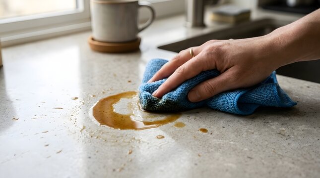 Cleaning a Large Coffee Spill from a Kitchen Countertop with a Cloth