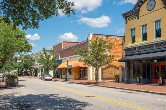 The brick paved main street of shops and cafes through the historic small town of Sumter, South Carolina.