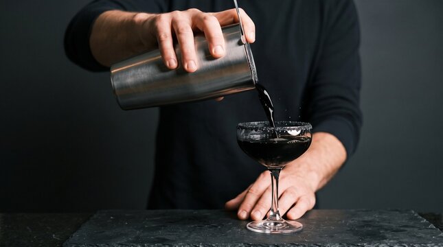 Bartender pouring a dark mysterious cocktail into a coupe glass with a sugar rim