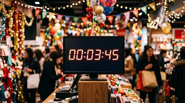 Digital timer displays 00 03 45 amidst a festive holiday shopping crowd and decorations