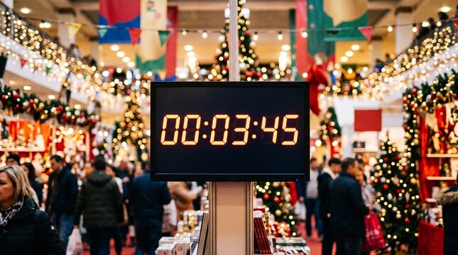 Digital timer displays 00 03 45 in a bustling Christmas market with festive decorations and shoppers