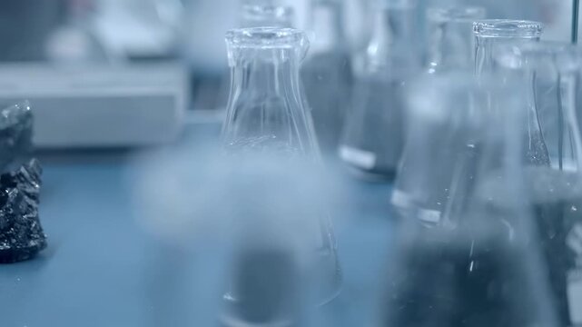 Crystalline minerals and their fine fractions in glass flasks. Closeup. Shot in motion. Follow focus