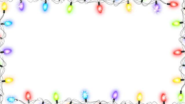 Snowflakes and Colorful Christmas String Lights Blinking Border Frame Isolated on transparent background,png New Year and Holiday and Snow Overlay design element
