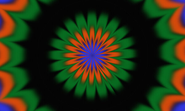Vibrant symmetrical kaleidoscopic design featuring a central blue and orange floral rosette surrounded by layered green petal shapes against a dark background.