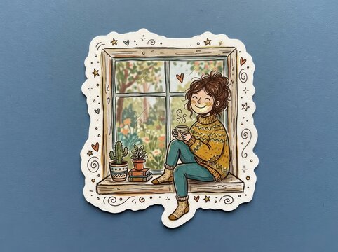 Cozy girl by window with mug and houseplants sticker illustration