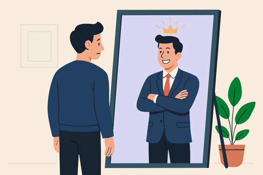 Self Confidence and Imposter Syndrome Concept, Businessman Seeing a Successful Reflection in Mirror