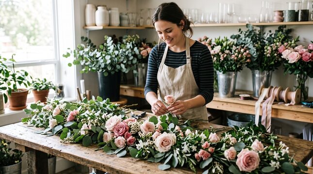 Florist arranging a beautiful floral garland with roses and eucalyptus in a workshop