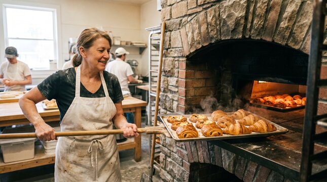 Baker woman smiling and removing a tray of fresh pastries from a rustic stone oven
