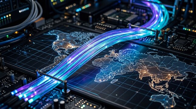 Global network connectivity with fiber optic cables and digital world map on circuit board