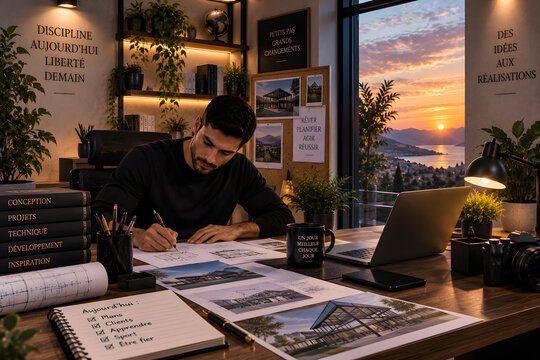 Architect working late, cityscape sunset view: A dedicated architect is deeply engrossed in his work at his desk, surrounded by blueprints and design materials, while outside the window.