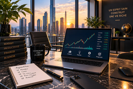 Modern Office Setup with Cityscape View: A sleek laptop displays a financial graph on a modern desk, overlooking a bustling cityscape at sunset. A stack of books on investment and finance sits nearby.