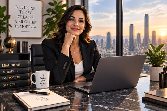 Confident Woman in Executive Office: A successful businesswoman in a sharp suit confidently poses at her desk, with a laptop and inspiring motivational books.