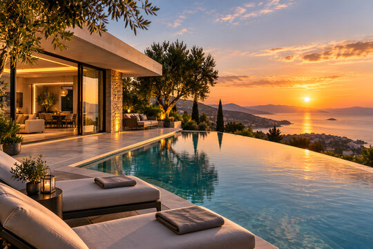 Luxury Villa Infinity Pool at Sunset: A breathtaking panoramic view of a modern luxury villa with an infinity pool overlooking the sea at sunset. Elegant lounge chairs invite relaxation.