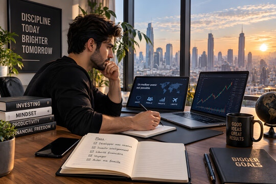 Focused Investor at Desk with City View
