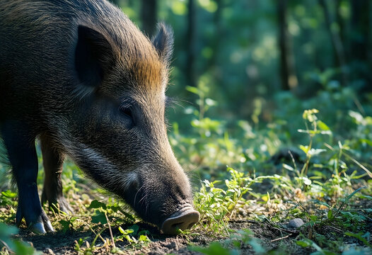 Wildlife conservation and biodiversity, wild boar foraging in a forest habitat, nature and ecosystem health with a feral pig in the natural environment