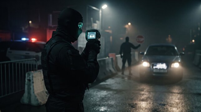 Tactical military operator in a balaclava holding a thermal imaging scope at a night checkpoint with a police car and checking a car.