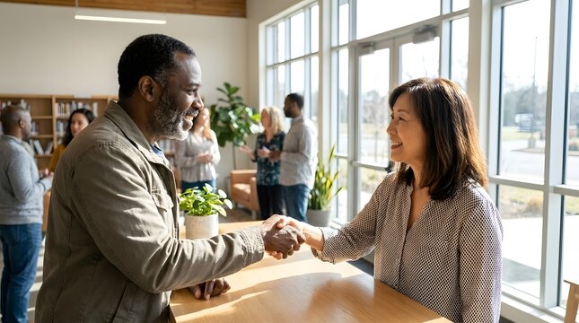 Two people shaking hands after peaceful conflict resolution