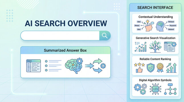 AI search overview concept, summarized answer box and search interface, contextual understanding icons, large language model technology symbols, bright clean minimal background, soft gradien