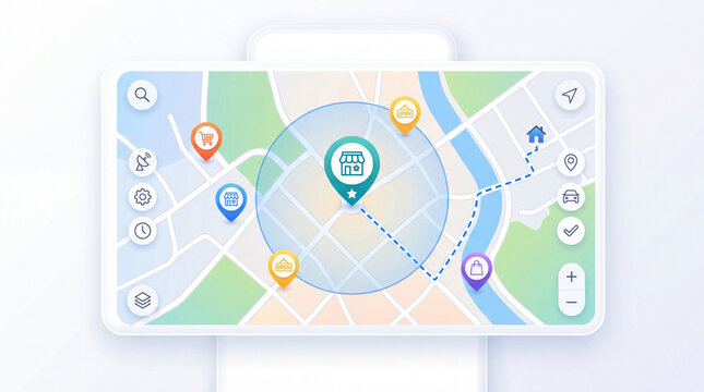 Store locator concept, digital map with location pin and service area radius icon, navigation interface symbols, delivery route and retail marker icons, bright clean minimal background, soft