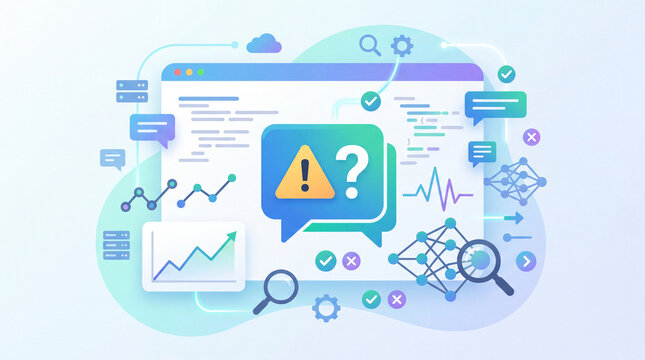 AI accuracy concept, chat bubble icon with warning triangle and question mark symbol, data interpretation accents, large language model interface, bright clean minimal background, soft gradi