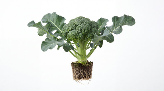 Fresh Broccoli Plant with Roots on White Background.