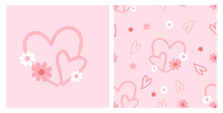 Cute seamless romantic heart and daisy pattern featuring overlapping pink outlined hearts, delicate white and coral flowers and tiny hand drawn hearts on a soft pastel pink background.