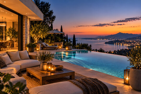 Luxury Villa Oasis at Sunset: An exquisite villa with an infinity pool overlooks a breathtaking coastal city at twilight, offering a serene and opulent retreat.