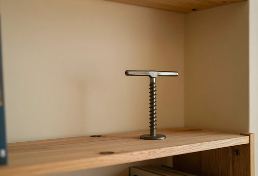 Home improvement and diy project, vintage metal corkscrew tool standing on a wooden shelf for interior design and rustic home decor renovation