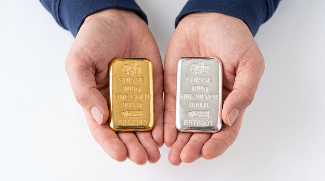 Hands with gold and silver bars.