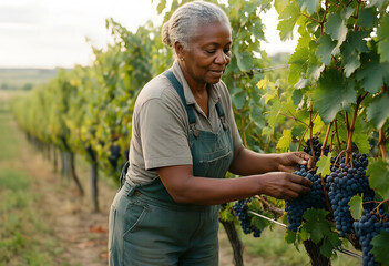 Obraz premium Sustainable agriculture and organic farming, senior woman harvesting grapes in a vineyard during autumn harvest season for wine production and viticulture