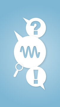 A 3D graphic concept illustrating a FAQ topic featuring speech bubbles with question marks, sound waves, exclamation marks, and a magnifying glass on a blue background