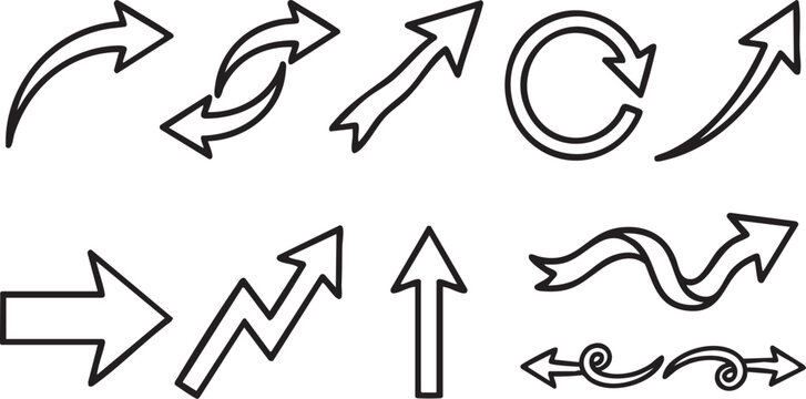 Arrows and directional vector icons set featuring curved swoop arrows, circular refresh loops, upward growth arrows, zigzag progress arrows, straight directional pointers, and wavy ribbon arrows in sc