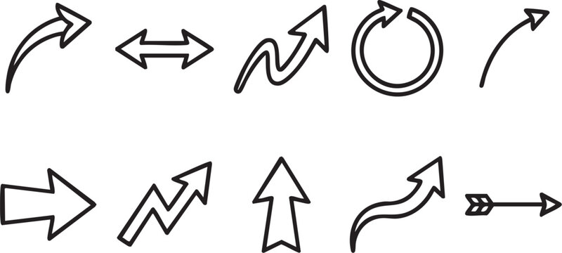 Arrows and directional vector icons set featuring curved swoop arrows, circular refresh loops, upward growth arrows, zigzag progress arrows, straight directional pointers, and wavy ribbon arrows in sc
