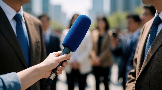 Journalist holds microphone interviewing government official outdoors. People in suits stand behind. Event reporting at public gathering. Government communication, press conference.