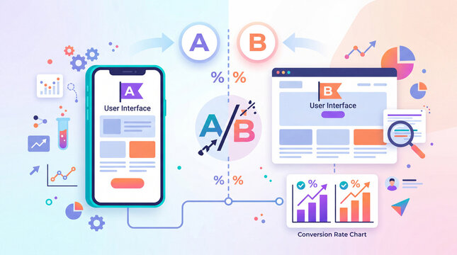 Ab testing optimization concept, smartphone and browser window with split test comparison icons, conversion rate chart and percentage symbols, user experience accents, bright clean minimal b