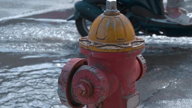 A close-up of a vintage fire hydrant painted in colors of Vietnamese flag red and yellow standing on the sidewalk in Da Lat City, Vietnam
