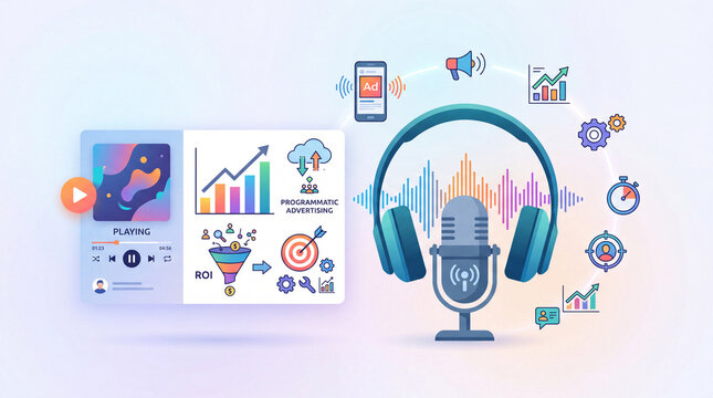 Audio marketing concept, headphone and soundwave icon with podcast microphone symbol, streaming service interface accents, programmatic advertising chart icon, bright clean minimal backgroun