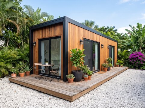 Modern modular wooden cabin house with outdoor deck and tropical plants in a sunny garden setting
