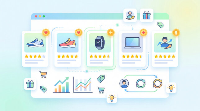 AI recommendation engine concept, product card icons with star and loyalty point symbols, personalized shopping interface accents, purchase history chart icon, bright clean minimal backgroun
