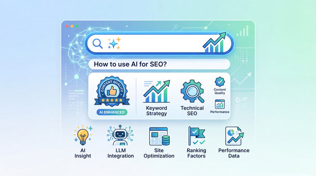 Large language model seo concept, search bar icon with spark and chart symbol, content quality badge accents, search engine interface, bright clean minimal background, soft gradient color pa