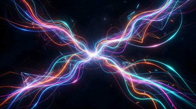Abstract energetic waves of light crossing and interacting in a dark void, with vibrant neon colors creating a dynamic display of energy flow and connection