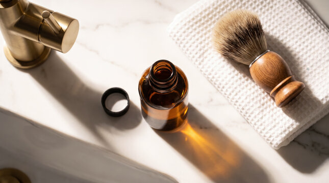 Overhead view of amber bottle ring and shaving brush on bathroom counter