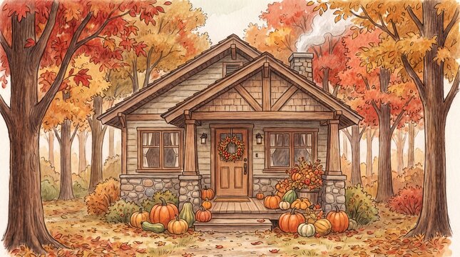Autumn Home Decor, A cozy bungalow nestled in vibrant autumn leaves with scattered pumpkins